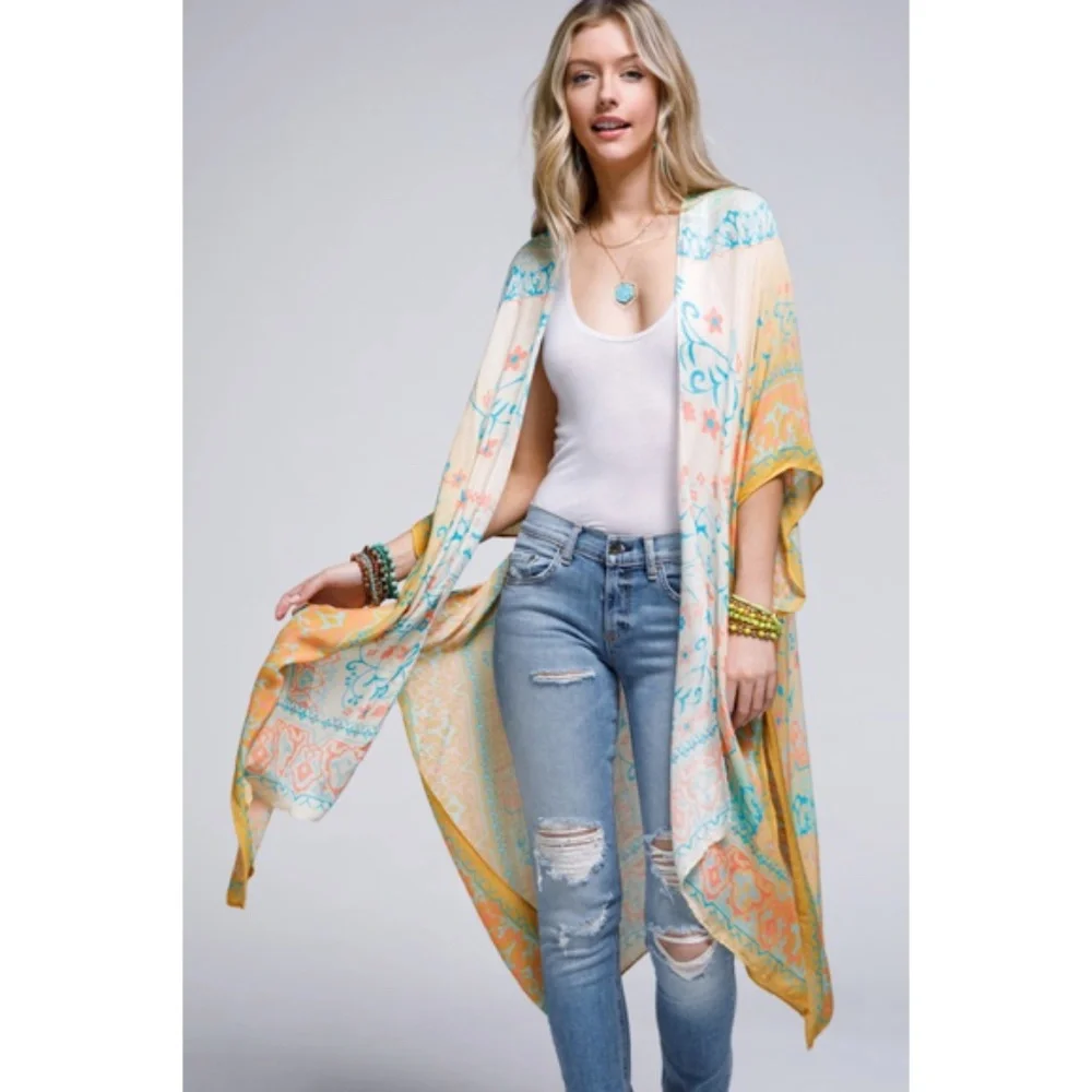 SOLD OUT Amelia Floral Mandala Motif Ombre Spring Summer Kimono Wrap Coverup Top - Picture 2 of 5